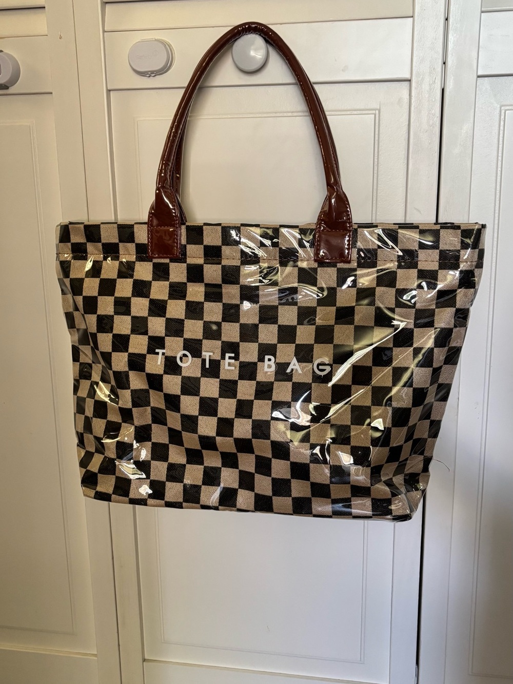 Checkered Brown Tote Bag with Brown Handles